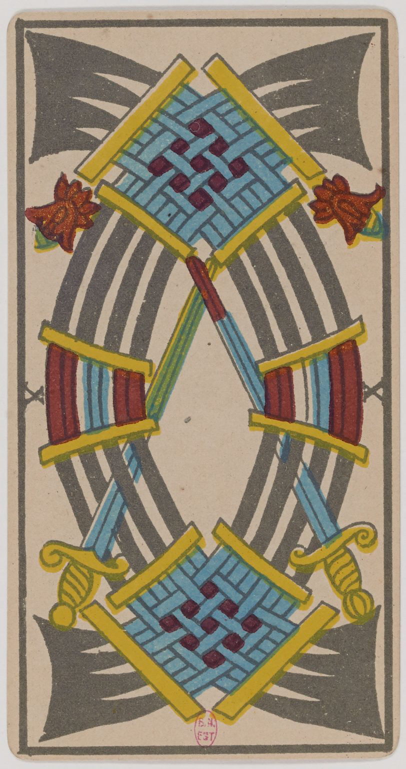 Ten of Swords Marseille Tarot card, historical Arnoult–Lequart 1890 Swords suit illustration