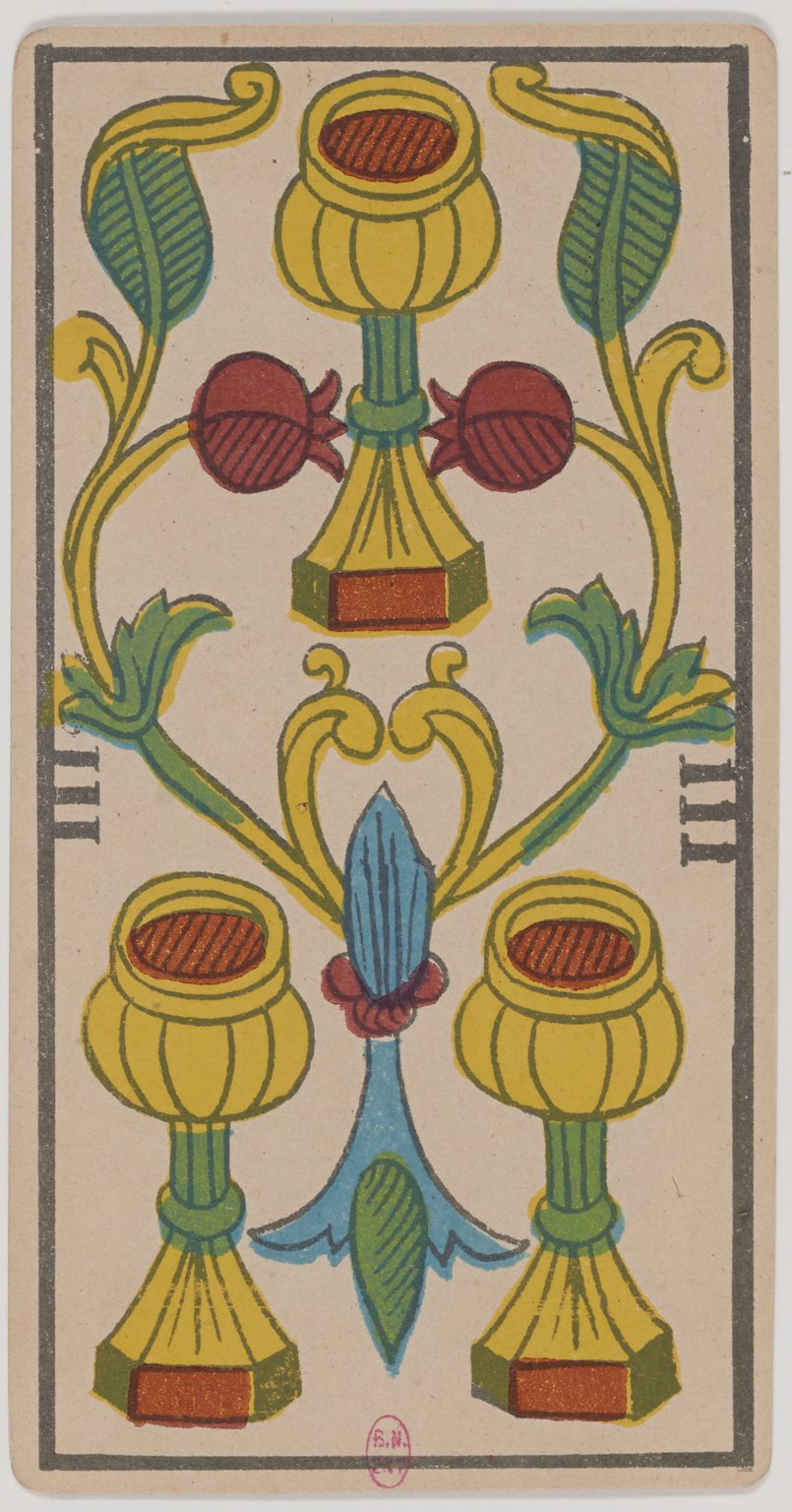 Three of Cups Marseille Tarot card, historical Arnoult–Lequart 1890 Cups suit illustration