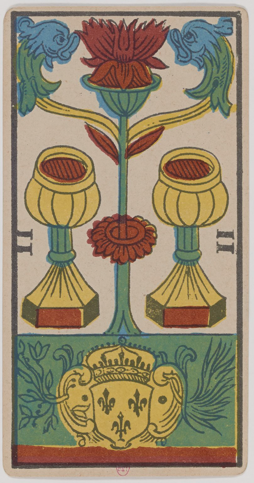 Two of Cups Marseille Tarot card, historical Arnoult–Lequart 1890 Cups suit illustration