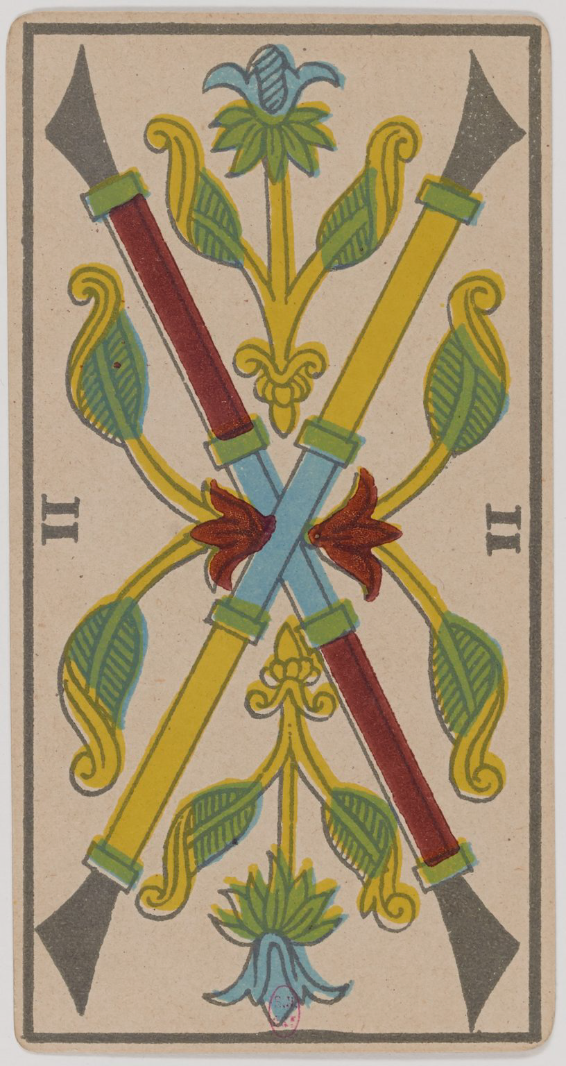 Two of Wands (Batons), historical Marseille tarot card, Lequart 1890 illustration