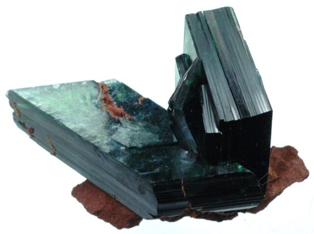 Natural dark blue-green vivianite iron phosphate mineral crystal specimen