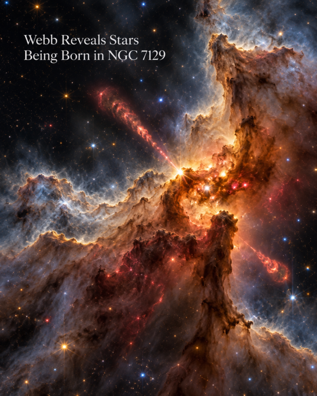 Stellar nursery in NGC 7129 with glowing gas, young stars and protostellar jets