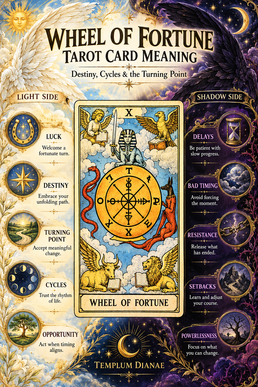 Wheel of Fortune tarot card meaning infographic spreadsheet showing five Light Side and five Shadow Side symbolic meanings